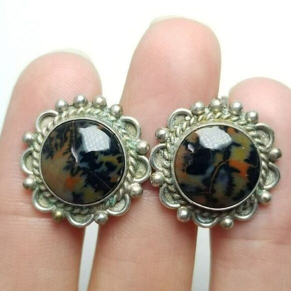 Vintage Sterling Silver Stone Cabochon Clip On Screw Back Earrings, Round Design - Picture 1 of 7